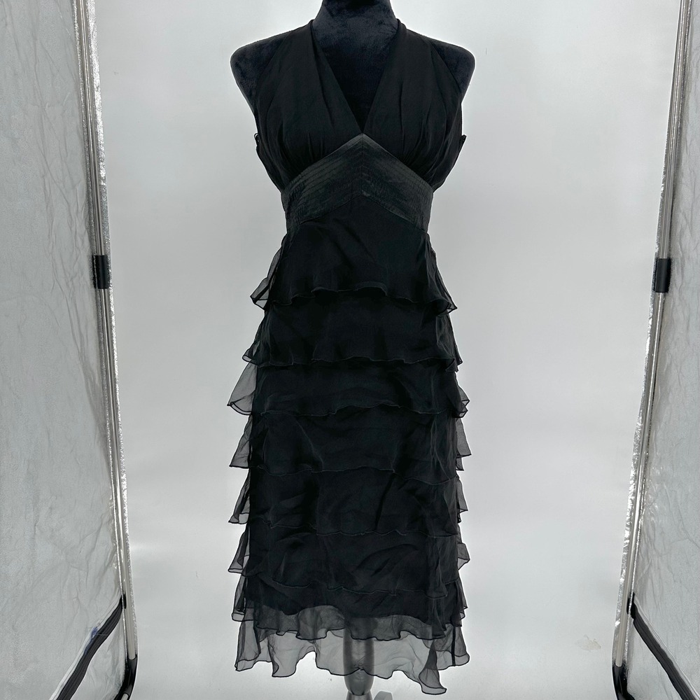 Dave & Johnny‎ By Laura Ryner Black Halter 100% Silk Ruffled Tiered Dress Sz 1/2